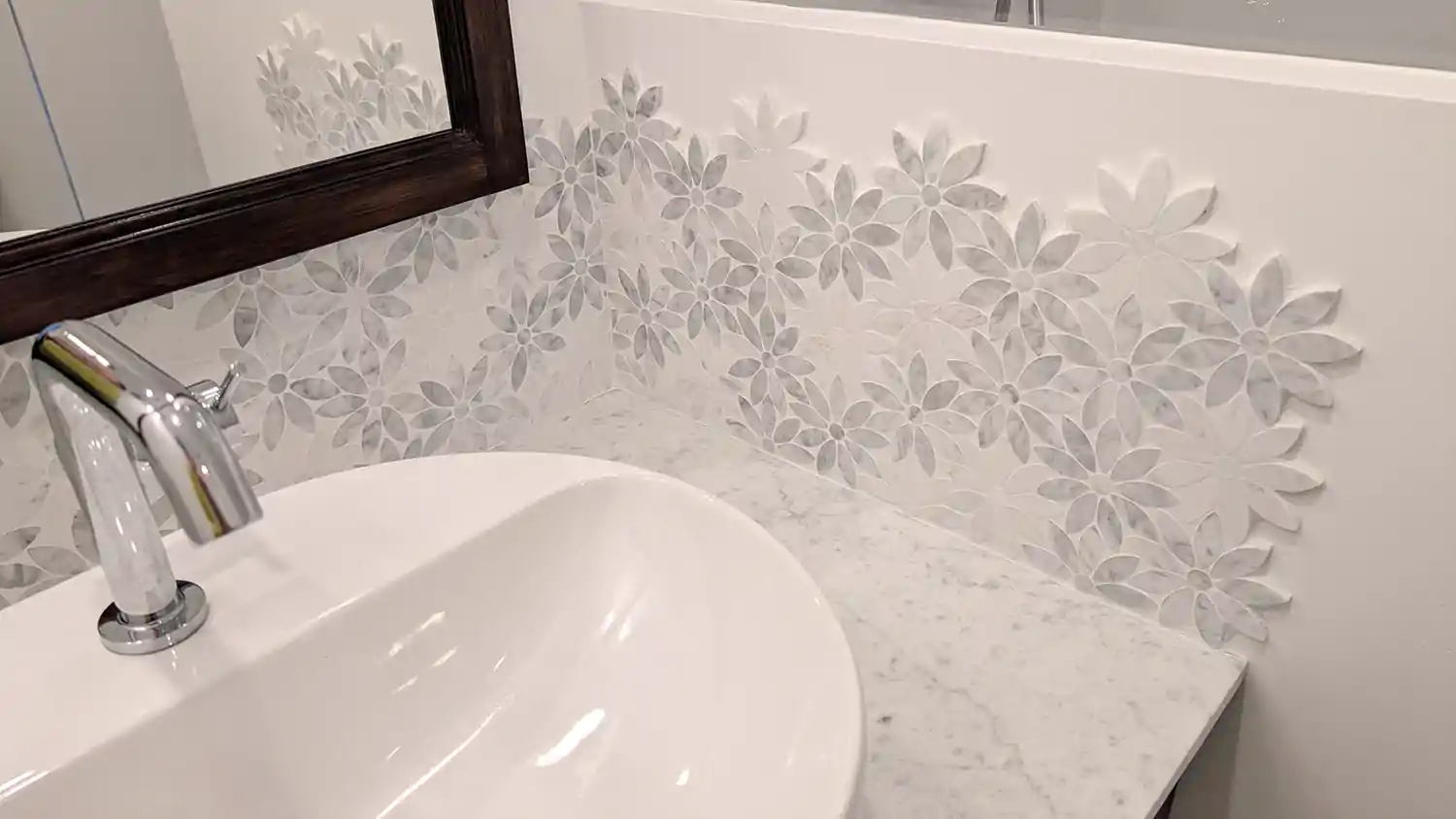 Daisy Flower Marble Tiles Kitchen Bathroom Wall Splashback Tiles Shower Niche Sink Bathroom Kitchen Renovation Remodel  E-Mosaictile Design Journey  1